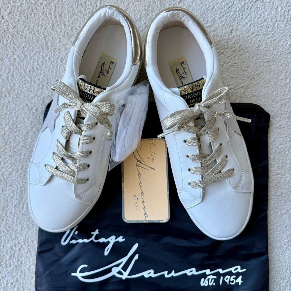 New! Vintage Havana White Sneakers with Gold Laces